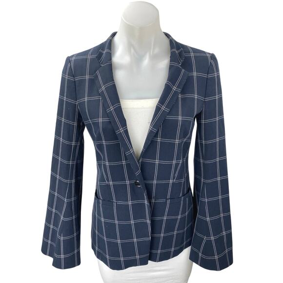 Banana Republic Women's Blue Plaid Checkered Flare Sleeve Blazer Coat Jacket 0 - Picture 1 of 5